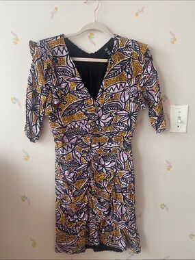 Zara Yellow, Black & Lilac Printed V-Neck Long Sleeve Dress